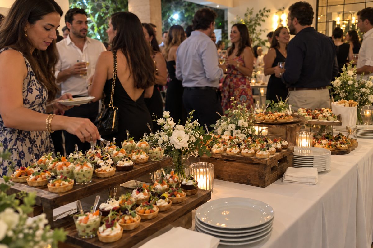 Mesa de catering con bocadillos y arreglos florales durante un evento