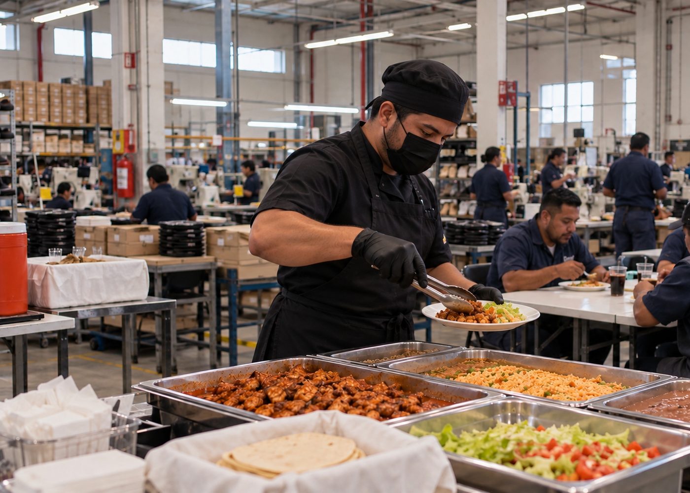 Colaborador del servicio de alimentación sirviendo platillos en el comedor de una planta industrial