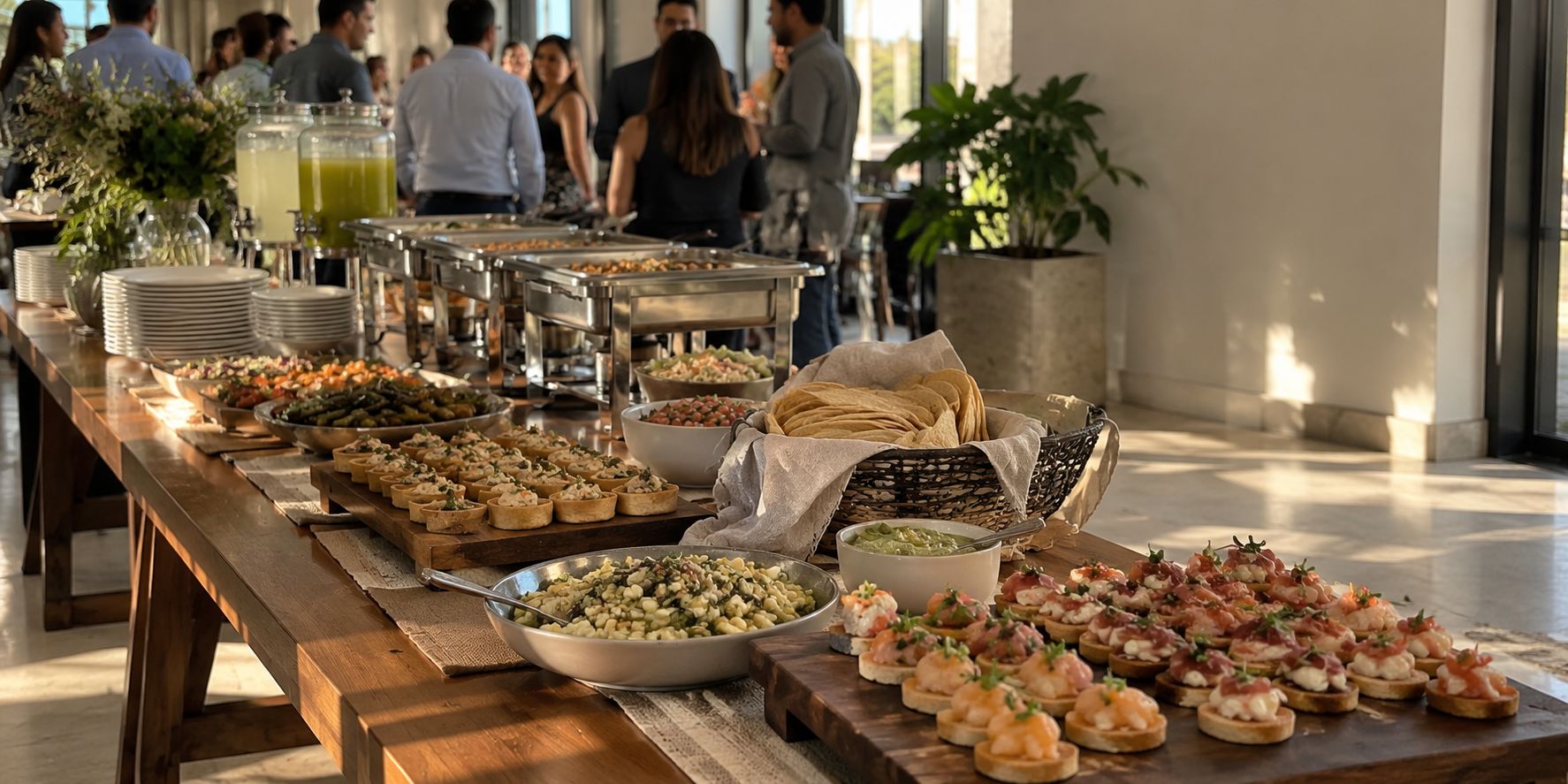 Mesa de alimentos servida para colaboradores en un espacio corporativo iluminado